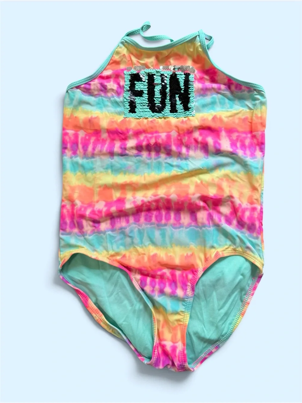 Kids' Multicolor Tie-Dye One-Piece Swimsuit with 'FUN' Sequin Detail